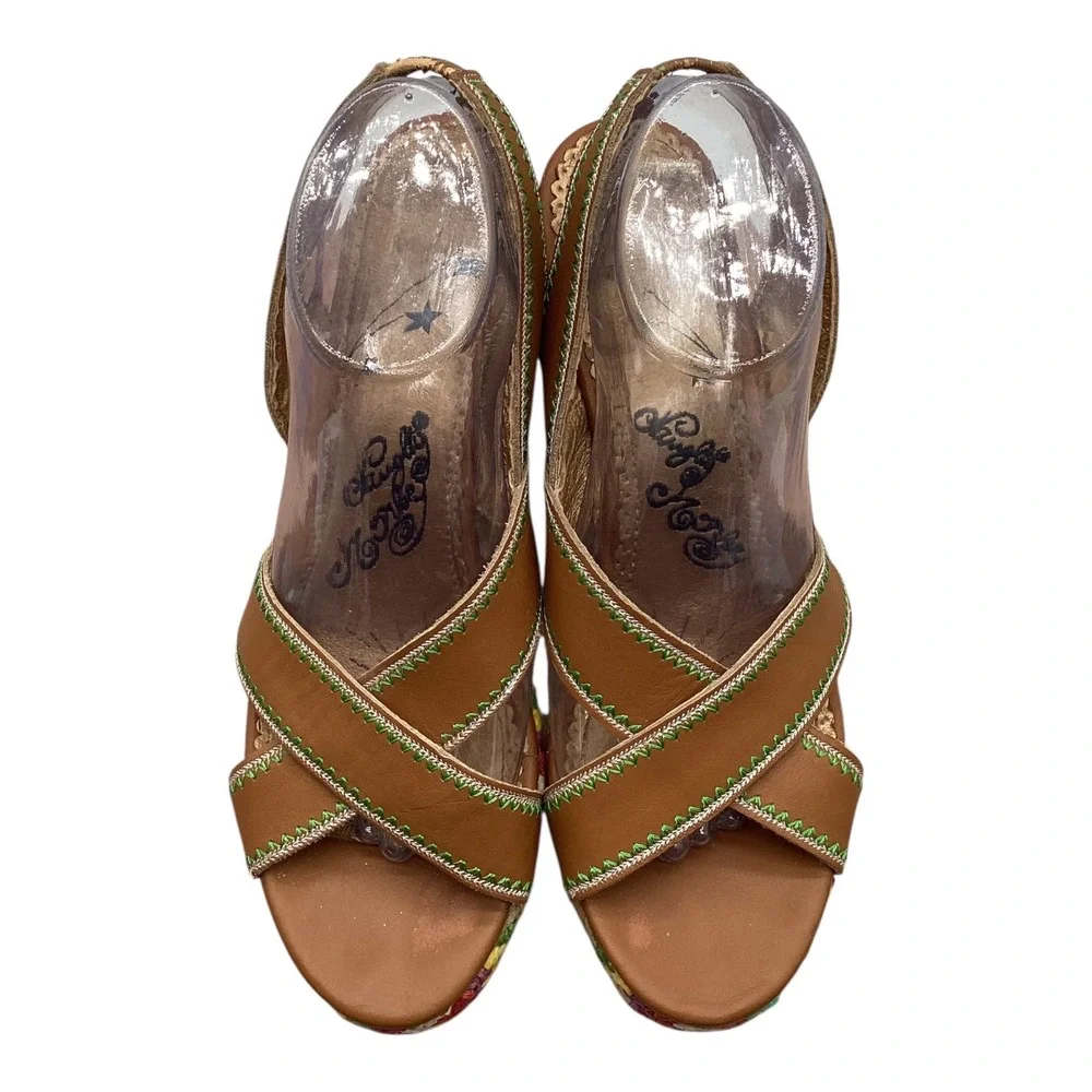 Naughty Monkey Women Tan Leather Woven Straw Platform‎ Wedge Sandals Multi-Color